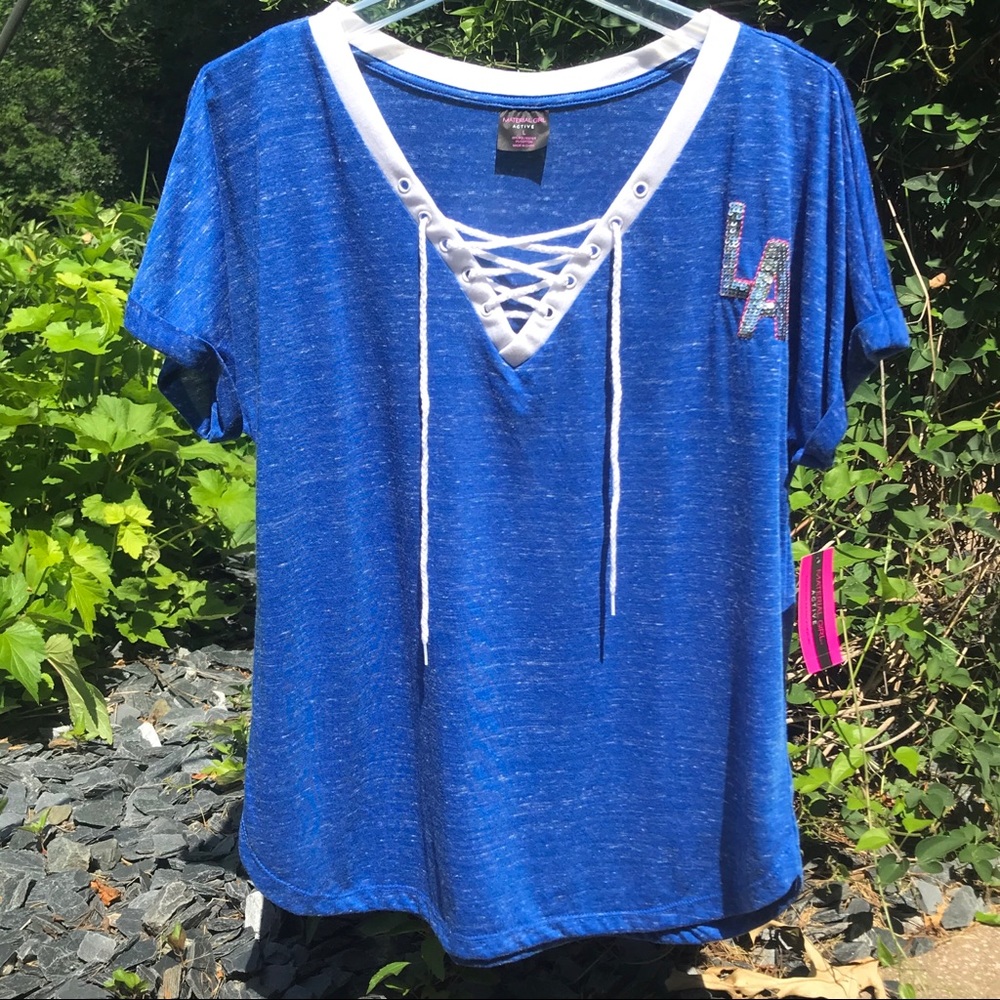 Material Girl Lace up V-neck “LA” Bling T-shirt - Picture 1 of 16